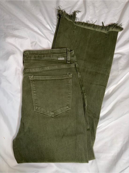 Risen Jeans Denim - Risen Olive Green Wide-Leg Distressed Jeans with Frayed Hem